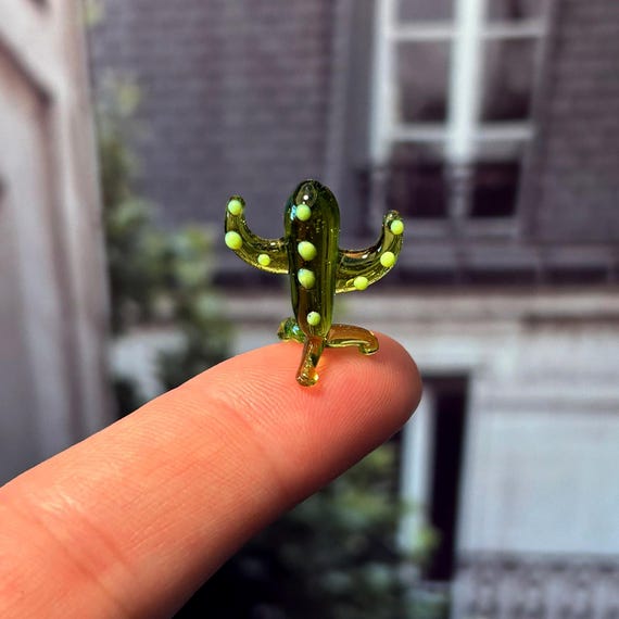 Tiny Glass Cactus Figurine, Handmade Miniature Succulent Decor