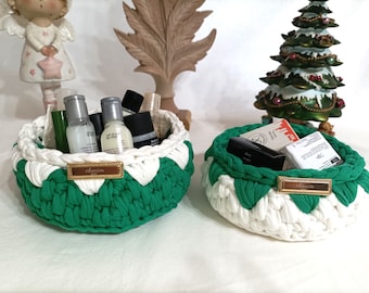 Set di due cestini bianco-verde/ottimo per riporre cosmetici in bagno/organizzatore per cameretta dei bambini/organizzatore per cosmetici/decorazioni per la casa/organizzatore per il bagno