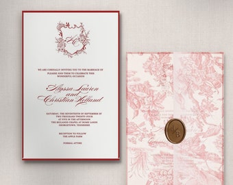 Puede incluir: Una invitación de boda con un borde rojo y un patrón floral. La invitación es para Alyssa Lauren y Christian Helland. La boda tendrá lugar el 17 de septiembre de 2024 a las 5:00 PM en The Biglands Chapel at Home Lands en Georgetown, Tennessee. La recepción tendrá lugar después en The Apple Farm. Se solicita vestimenta formal.