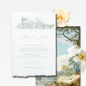 Invitación de boda verde salvia, invitación de boda verde polvoriento, descarga digital de ilustración de la Toscana, plantilla de dibujo del lugar de la boda botánica