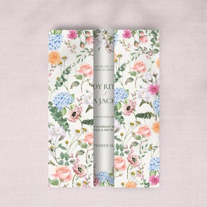 May include: A floral wedding invitation with a white background and pink, blue, and orange flowers. The text reads "Invite you to the celebration of our wedding,  Dy Rit & A Jack, with our dearest, Na Lorelay R Dall & Jim Jac, September 18."
