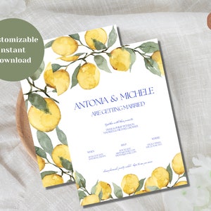 Modèle d’invitation de mariage de citrons d’Amalfi, carte d’invitation de citrons méditerranéens, invitations de mariage italiennes, téléchargement numérique d’invitation d’agrumes