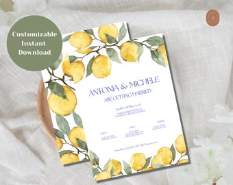 Amalfi Lemons Wedding Invitation Template, Mediterranean Lemons Invitation Card, Italian Wedding Invitations, Citrus Invite Digital Download