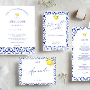 May include: Blue and white patterned wedding invitation suite with lemons and floral accents. The invitation includes a bridal shower invitation, a late night snacks card, a menu card, and a save the date card. The text on the cards reads "Join us for a bridal shower", "Late night snacks", "Menu", and "A&T Amanda".