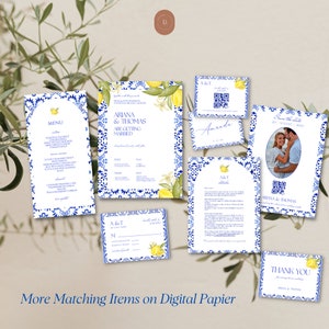 May include: A set of wedding stationery with a blue and white tile pattern and lemon illustrations. The set includes a menu, invitation, RSVP card, details card, save the date card, and a thank you card. The text on the invitation reads "Ariana & Thomas are getting married".