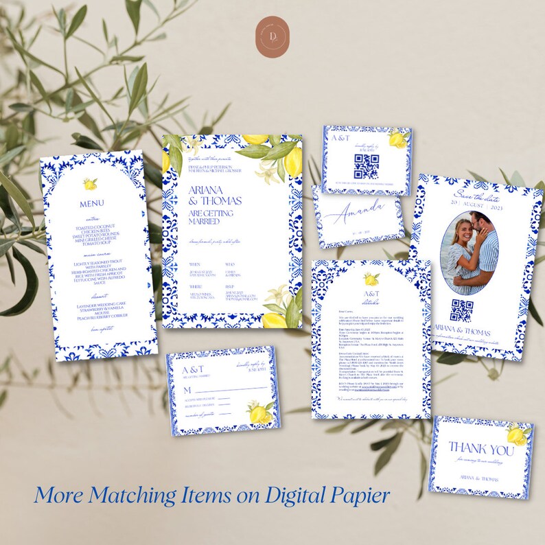 May include: A set of wedding stationery with a blue and white tile pattern and lemon illustrations. The set includes a menu, invitation, RSVP card, details card, save the date card, and a thank you card. The text on the invitation reads "Ariana & Thomas are getting married".