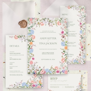 Lot de faire-part de mariage fleurs du jardin, fleurs sauvages, carte détaillée, faire-part de mariage floral, suite de mariage pastel printanière, carte colorée