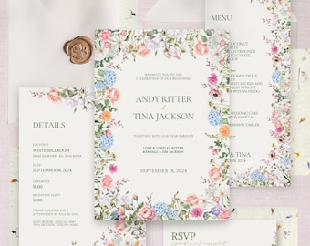 Puede incluir: Un conjunto de invitaciones de boda floral con fondo blanco y un borde de flores de acuarela en tonos rosa, azul y verde. El texto de la invitación dice: "Les invitamos a la celebración de nuestro comienzo Andy Ritter & Tina Jackson Junto con nuestros queridos padres Lory & Lorelay Ritter Kendall & Jim Jackson 18 de septiembre de 2024".