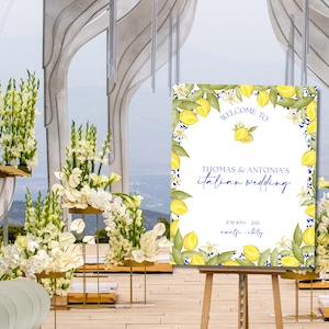 Blue Tiles Lemon Welcome Board Wedding Amalfi Wedding Board Italy Bridal Shower Welcome Sign Mediterranean Lemon Sign Printable Template