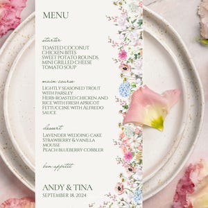 Menú de boda con flores coloridas, plantilla de tarjeta de menú con flores silvestres, menú de cena de boda bohemia, menú de despedida de soltera, menú de flores para editar en el jardín.