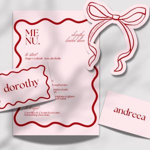 May include: A pink menu card with a red wavy border and the text "ME NU."  The menu lists "to start" and "Hugo Cocktail non alcoholic".  There are two smaller pink cards with the text "dorothy" and "andreea" in red.  A pink sticker with a red bow is in the upper right corner with the text "dorothy's bridal shower".