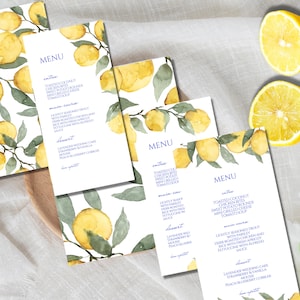 Citroenmenukaartsjabloon, zomermenukaart bruiloft, Italiaans trouwmenu, zomerdinermenu, citrusmenu vrijgezellenfeest, Capri-bruidsmenu