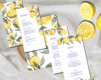 Szablon karty menu weselnego z cytryną: włoska letnia kolacja (do pobrania w wersji cyfrowej)