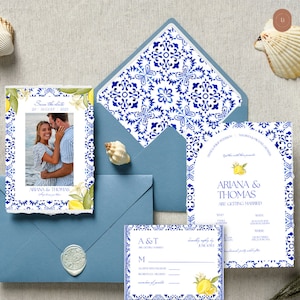 Italian Wedding Stationery Blue Tiles invitation set Amalfi Lemon wedding invitation Mediterranean Wedding Instant Customizable Download