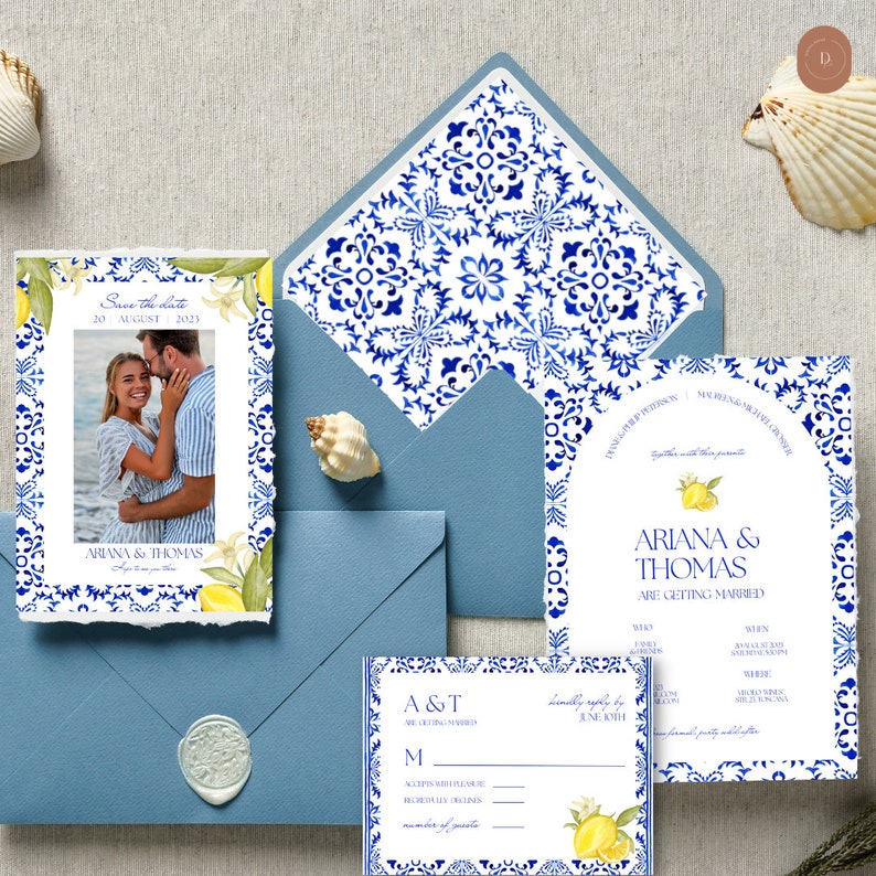Italian Wedding Stationery Blue Tiles Invitation Set Amalfi - Etsy