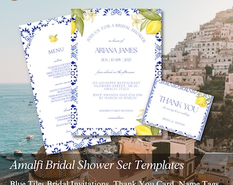 May include: A bridal shower invitation set featuring a blue and white tile pattern with lemons and flowers. The invitation includes a menu, thank you card, and RSVP details. The text on the invitation reads "Join us for a bridal shower in honour of Ariana James, Sun 10 Apr 2023, four o'clock in the afternoon, Da Giuseppe Restaurant, Flowers Street, Nr 10, Amalfi, Italy, RSVP Amanda 0412 034 056 by March 10 March, Thank You, Ariana & Thomas".