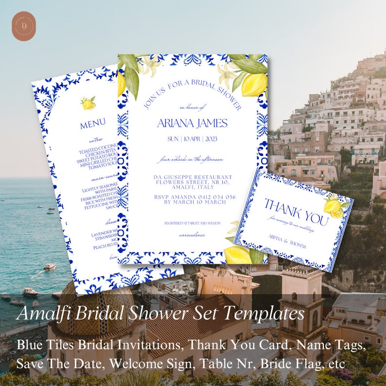 May include: Blue and white tile patterned bridal shower invitation set with lemons and flowers. The invitation includes a menu, thank you card, and RSVP information. The text on the invitation reads "Join us for a bridal shower in honor of Ariana James, Sun 10 Apr 2023, four o'clock in the afternoon, Da Giuseppe Restaurant, Flowers Street, Nr 10, Amalfi, Italy, RSVP Amanda 0412 034 056 by March 10 March, Thank You, Ariana & Thomas".