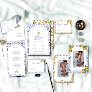 Citrus Wedding Invitation Suite Template, Orange Wedding Invite Set, Printable Blue Tiles Wedding Invitation Stationery Template Editable
