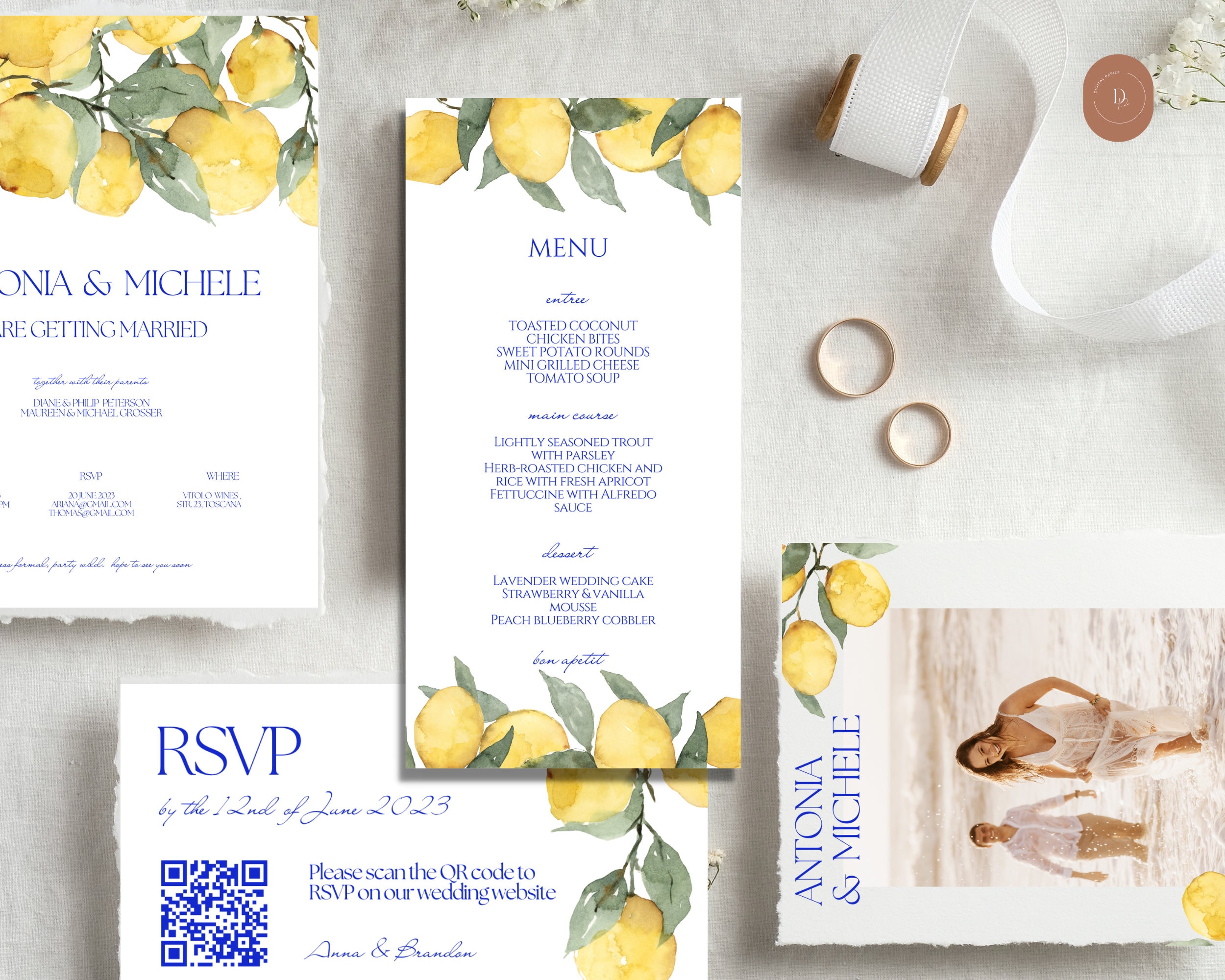 Amalfi Zitronen Hochzeit Einladung Vorlage, mediterrane Zitronen