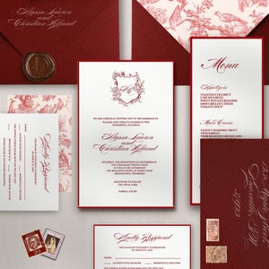 Fine Art trouwkaarten set bordeaux bruiloft bundel luxe uitnodiging romantische suite afdrukbare RSVP kaart klassieke bruiloft menukaartsjabloon