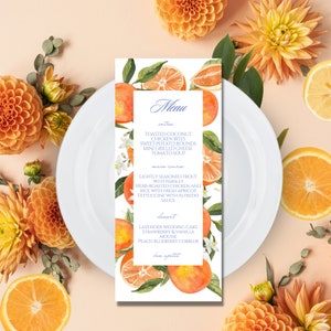Citrus Menu Card Template, Summer Wedding Menu Card, Italian Wedding Menu, Summer Dinner Menu, Orange Bridal Shower Menu, Capri Bridal Menu