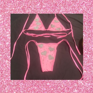 Swarovski Crystal Glitter Hearts Thong Bikini Exotic Dance Strip Club Wear Custom XXS-3X