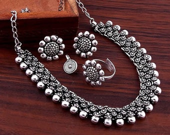 Bollywood Oxidized Silver Plated Handmade Traditional Necklace set with earrings Finger Ring and Nose Pin for women jewelry