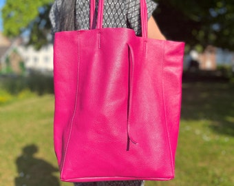 Large Leather Tote Bag – Fuchsia Pink Shopper – Handmade Genuine Leather Shoulder Bag – Minimalist Everyday Handbag for Wom