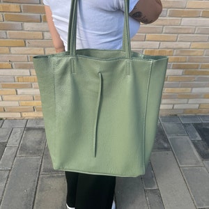 Mint Green Leather Tote Bag – Large Genuine Leather Shoulder Bag for Women – Minimalist Work Bag – Stylish Everyday Shopper