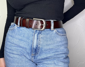 Brown leather belt made of high quality cowhide, durable belt for woman and man, classy gift, summer, metal buckle, smooth leather