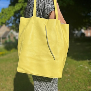 ellow Leather Tote Bag – Large Genuine Leather Shoulder Bag for Women – Summer Shopper – Stylish Everyday Work Purse