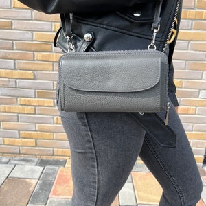 Grey Leather Phone Bag with Wallet – Small Crossbody Bag for Women – Genuine Leather Mini Purse – Compact Shoulder Bag