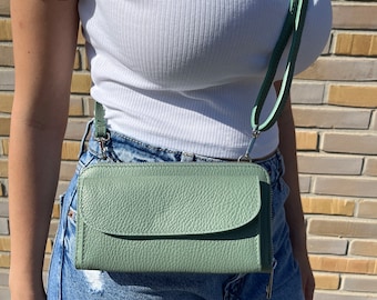 Sage Green Leather Crossbody Bag – Small Structured Real Leather Shoulder Purse with Adjustable Strap, Minimalist Everyday Handbag
