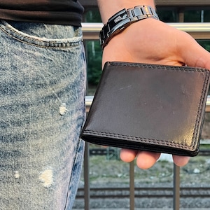 Cartera negra plegable de piel con protección RFID, cartera negra de alta calidad de piel fina, cartera elegante