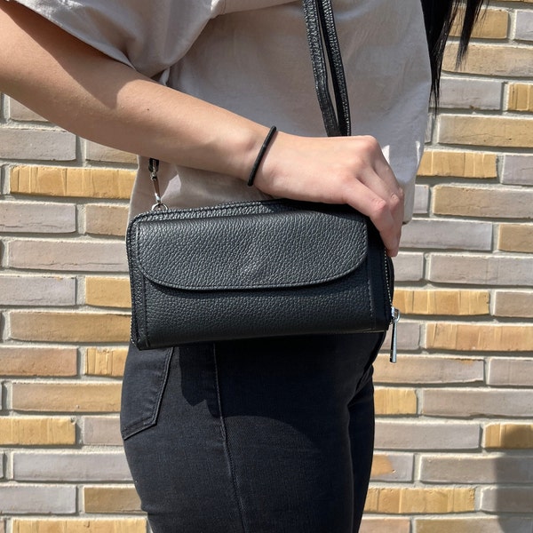 borsa da donna in pelle nera, elegante portafoglio in pelle nera con tracolla, pochette nera di alta qualità, custodia per cellulare nera