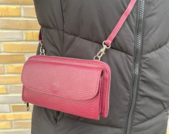 Red leather handbag for women, elegant leather wallet with strap, high-quality clutch, cell phone bag, fashionable, crossbody or shoulder bag