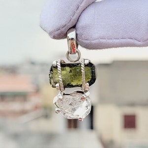 Healing Moldavite & Herkimer pendant, Anniversary gifts, Necklace for her, 925 silver handmade pendant, Authentic Moldavite Jewelry, Pendant