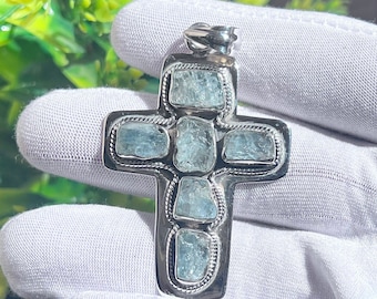 Natural Aquamarine Stone Cross, Best Aquamarine Cross Necklace, 925 silver Handmade cross, Healing Cross Pendant, Best Anniversary Necklaces
