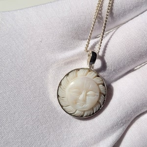 Natural Mother of pearl Necklace, 20 mm Pearl Sun Necklace with chain, 925 silver necklaces, Unisex Meditation Necklaces, Best healing gifts