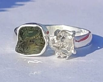 Natural Moldavite & Herkimer diamond ring, Authentic Moldavite Rings, 925 silver ring, Certified Moldavite stone ring, Rings for her, Rings