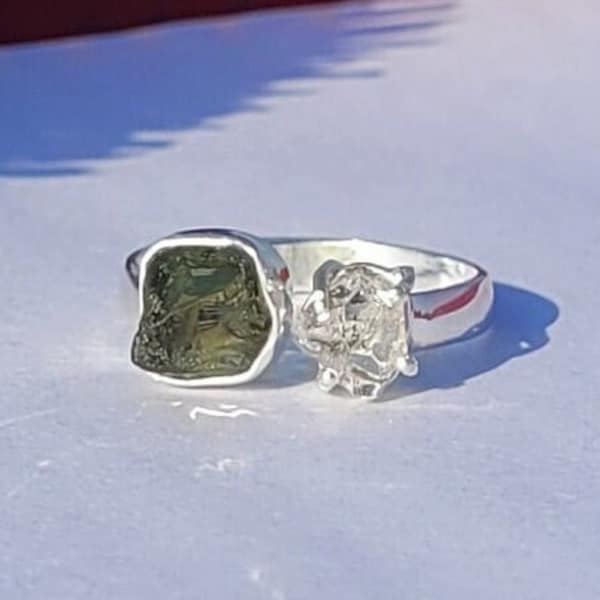 Moldavite & herkimer ring ,925 solid silver ring,Genuine Moldavite ring,real herkimer diamond ring,100% natural moldavite ring, gift for her