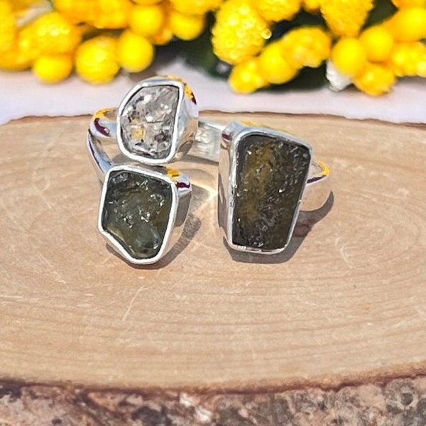 Moldavite & Herkimer diamond rings, 925 solid silver handmade rings ,Genuine moldavite stone ring ,czech moldavite rings,