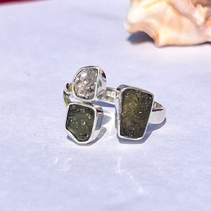 Authentic Moldavite & Herkimer diamond ring, Certified Moldavite ring, 925 silver Handcrafted rings, Engagement Rings, Promise rings for her
