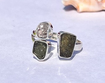 Authentic Moldavite & Herkimer diamond ring, Certified Moldavite ring, 925 silver Handcrafted rings, Engagement Rings, Promise rings for her