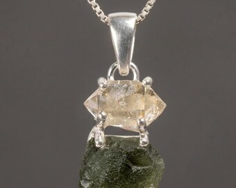 Raw Moldavite Pendant, Natural Moldavite Jewelry, 925 Sterling Silver Prong Pendant, Certified Moldavite & Herkimer Diamond, Crystal Gift