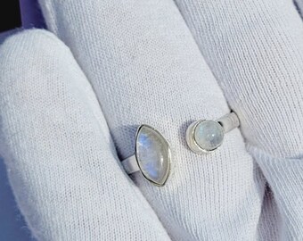 Natural Blue Fire Rainbow Moonstone Ring, Stackable Dainty Ring, Minimalist Jewelry, 925 Sterling Silver Ring Twist Gems Ring, Gift For Her