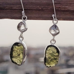 Certified Moldavite & Herkimer diamonds earrings, Natural Czech Moldavite Earrings, 925 silver earrings, Anniversary gift, Earrings for her