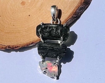 Authentic Czech Moldavite Pendant, Real Moldavite with best Ethiopian Opal & Black Tourmaline, Valentines Pendant gift ,Opal Pendant for her