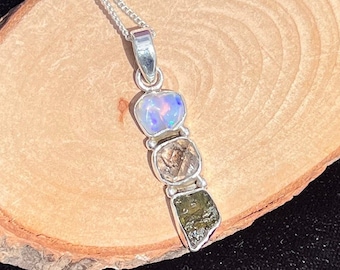 Colgante de ópalo etíope, moldavita y diamante Herkimer, colgante de plata 925, colgante de ópalo de fuego natural, regalo de agradecimiento para ella, regalo de Viernes Santo