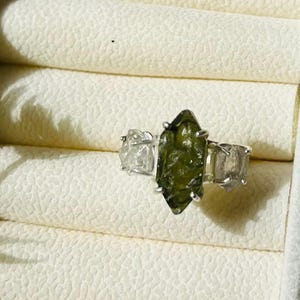 Natural Moldavite & Herkimer diamond ring, Certified Moldavite ring, 925 silver rings, Healing stone ring, Anniversary rings, Rings for her